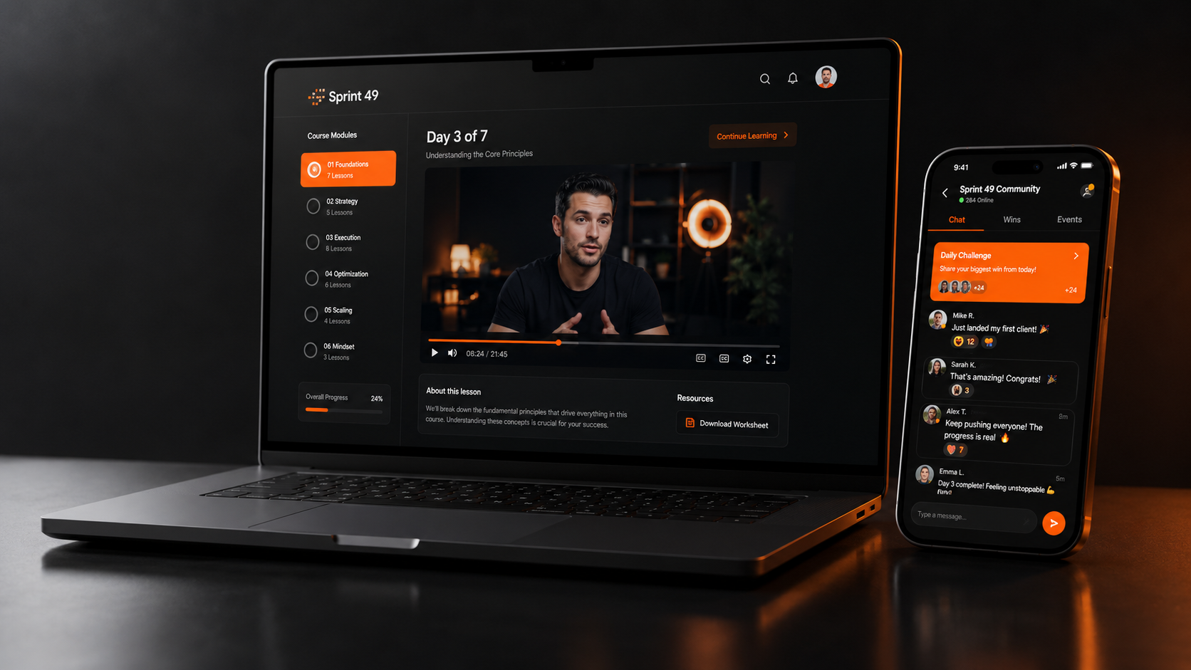 Sprint 49 · dashboard do curso no notebook e comunidade no celular