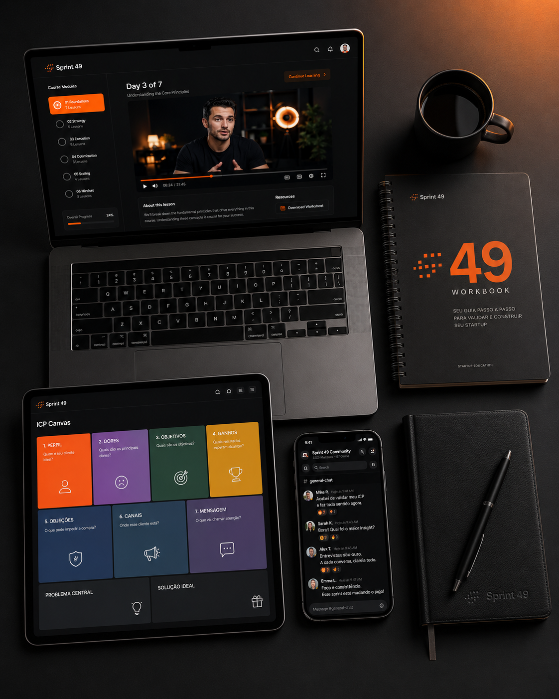 Sprint 49 · materiais completos: aulas no notebook, ICP Canvas no tablet, comunidade no celular e workbook impresso